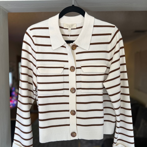 Sezane Sweaters - Sezane White and Brown Striped Cardigan Sweater